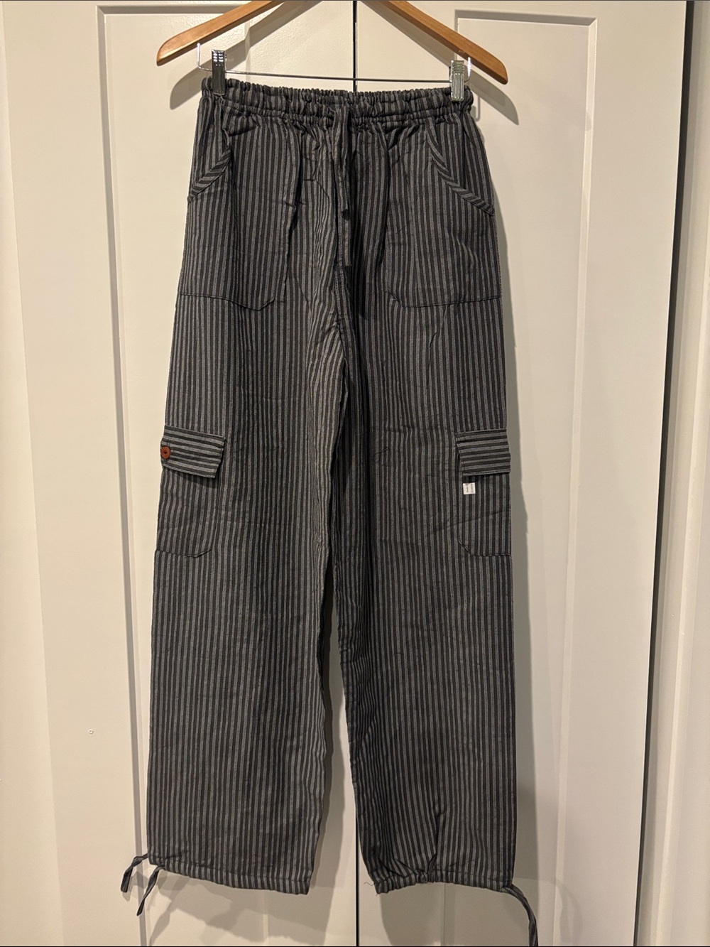 Unisex Gray Striped linen Cargo Drawstring Pants